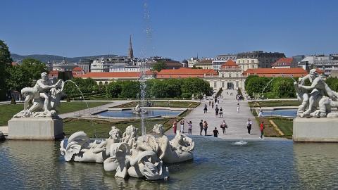 Fountains and greenery as seen outside Vienna's Belvedere Palace.