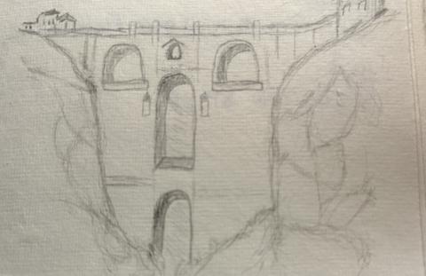 A pencil sketch of a bridge with rocks on either side