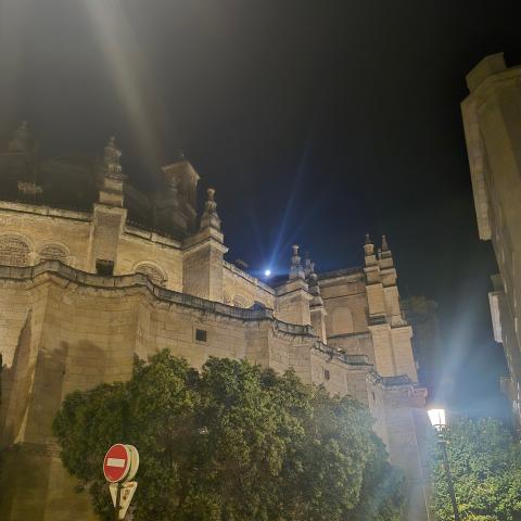An image of the Catedral at night, with the moon above.