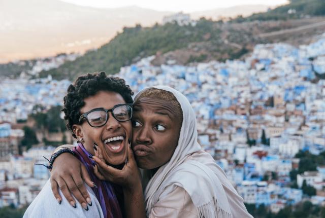 students posing for a fun photo in Chefchaouen, Morocco