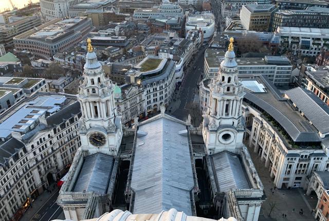 an aerial view of St. Paul's Cathedral in London