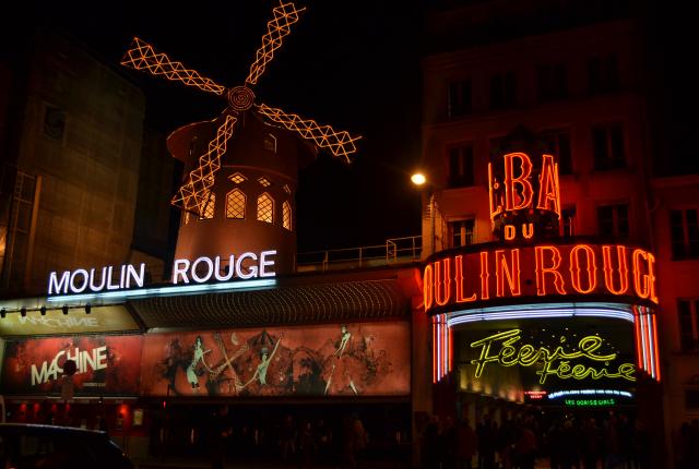 the Moulin Rouge in Montmartre, Paris at night