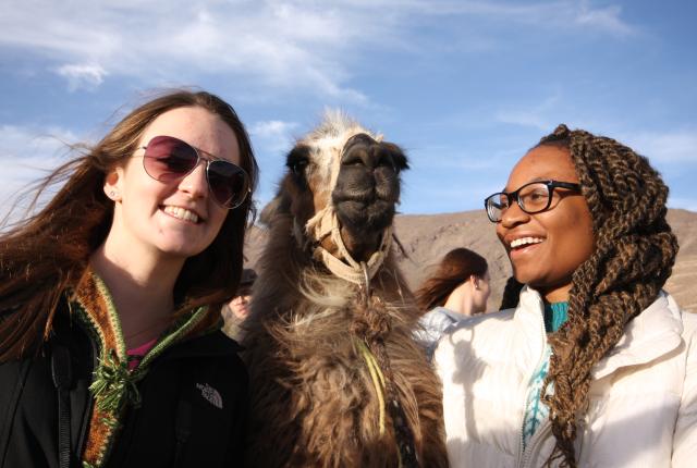 students pose for a photo with a llama in Jujuy