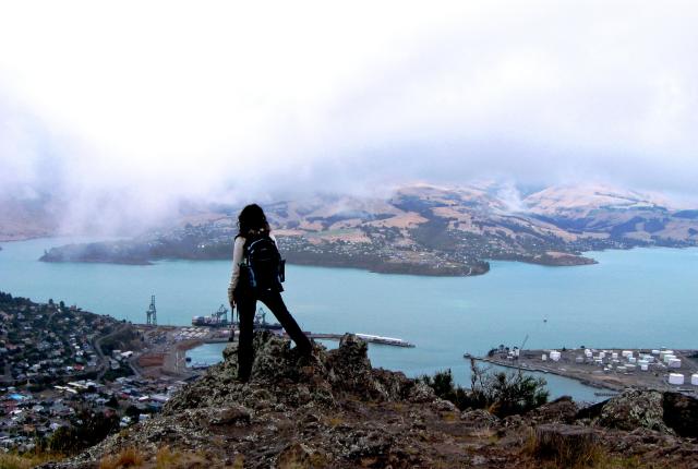 a student stares out over a city from the hilltop in New Zealand