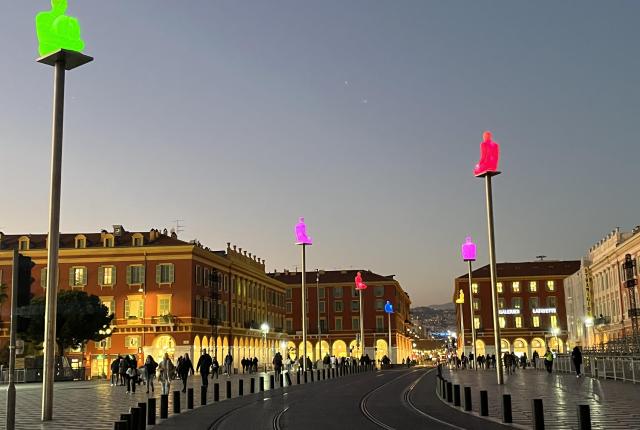 neon lit-up sculptures at Place Massena in Nice