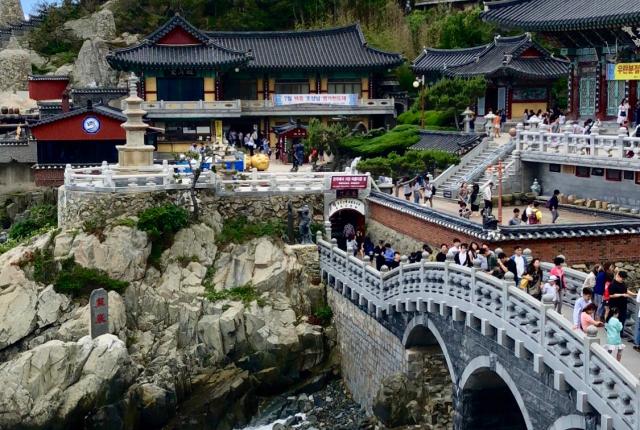 bridges and buildings featuring traditional Korean architecture over rushing water
