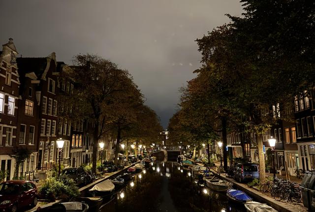 A river with trees and sidewalk to its sides at night