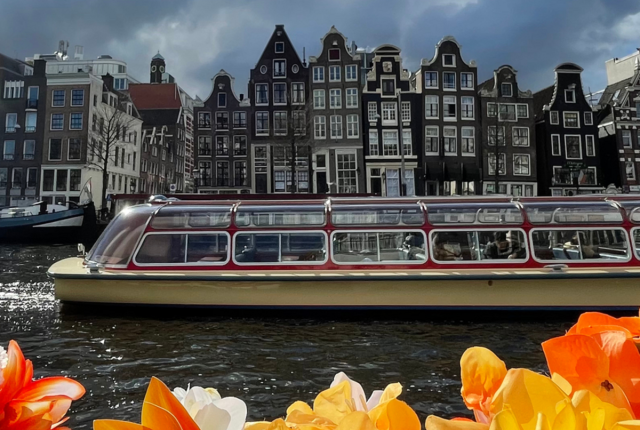 Flowers in front of the water in Amsterdam, along with a boat and buildings in the background