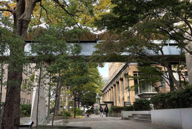 A picture of the Musashi University campus and trees surrounding it