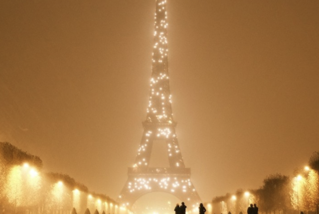 Eiffel Tower lit up at night