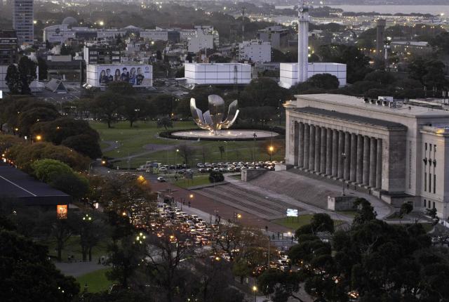 an aerial view of a Buenos Park and the art installation, Floralis Generica