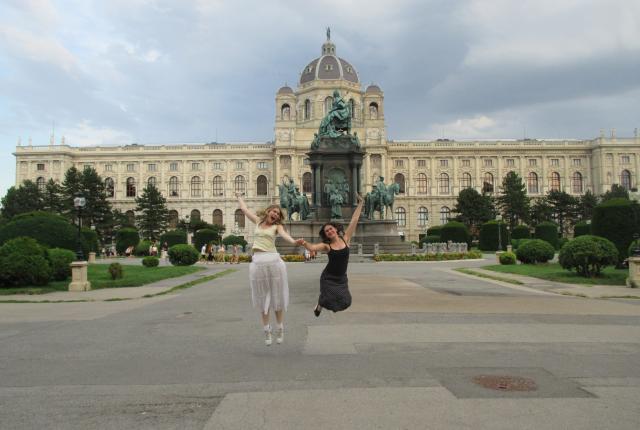 Jumping around in the Museumsquartier in Vienna, Austria.