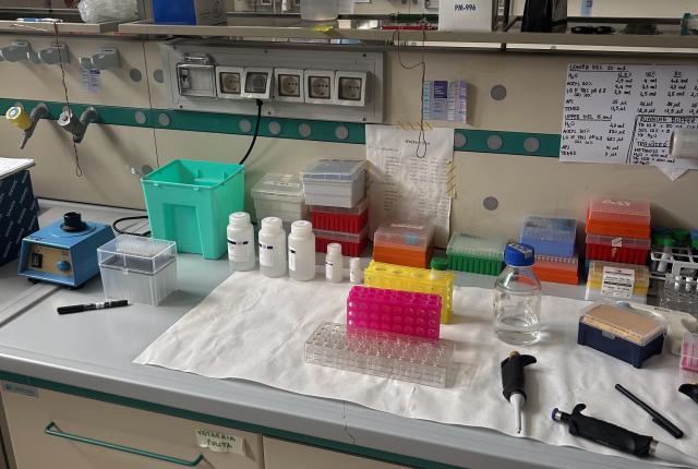 Various medical instruments and containers on a counter.