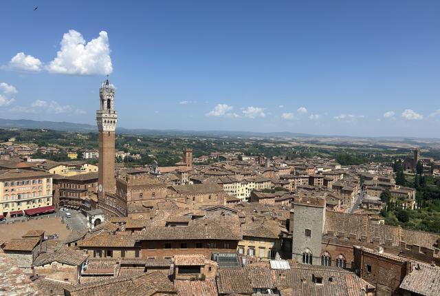 Aerial view overlooking buildings in Siena