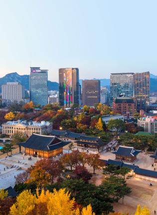 an aerial view of Deoksugung Palace and the surrounding city during fall in Seoul