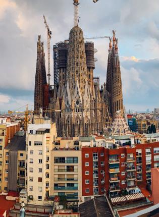 La Sagrada Familia towering over the surrounding city in Barcelona
