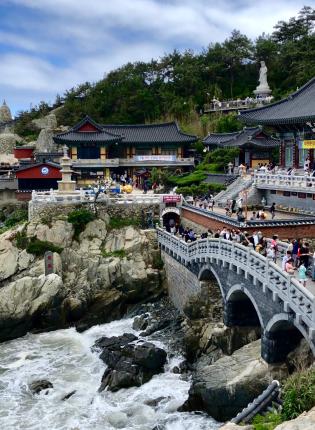 bridges and buildings featuring traditional Korean architecture over rushing water