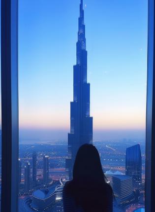 person standing in front of a window with the burj khalifa in the background
