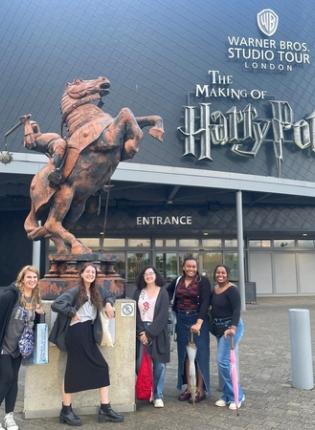 Students in front of Harry Potter Studios in London.