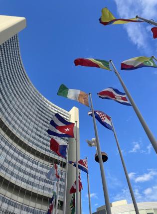 Flags outside of the UN in Vienna, Austria.