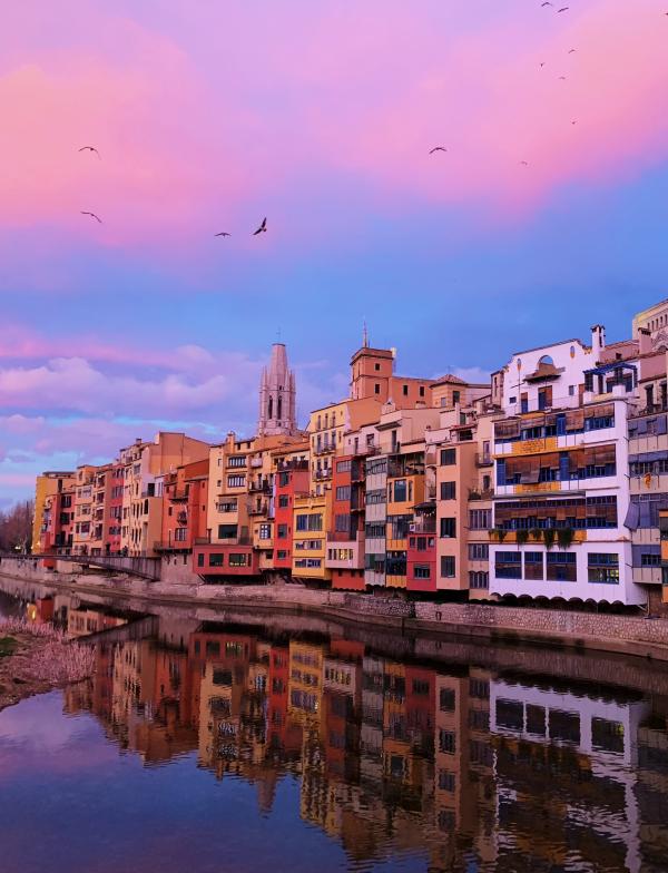 multicolored buildings bordering a lake with pink clouds and a blue sky