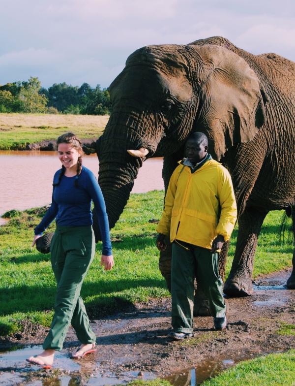 two students walking with elephants