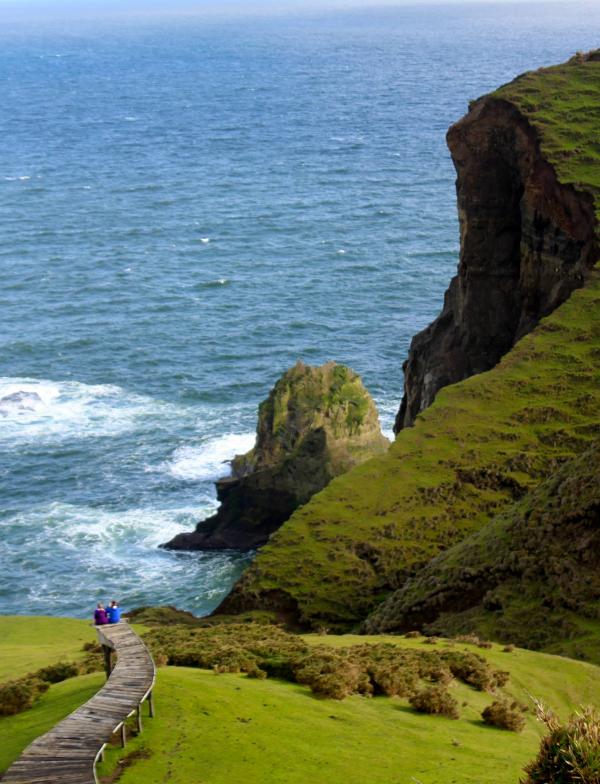 Two students sit in the distance at the end of a boardwalk on the cliffs of Chiloé overlooking the ocean