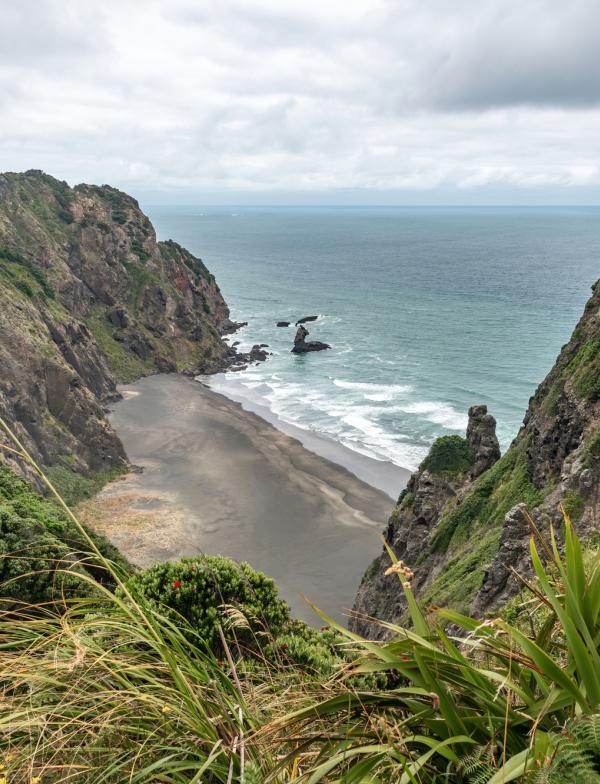 Photograph of the Waitakere Ranges. There are rocky outcroppings and a beach with dark sand on an overcast day.