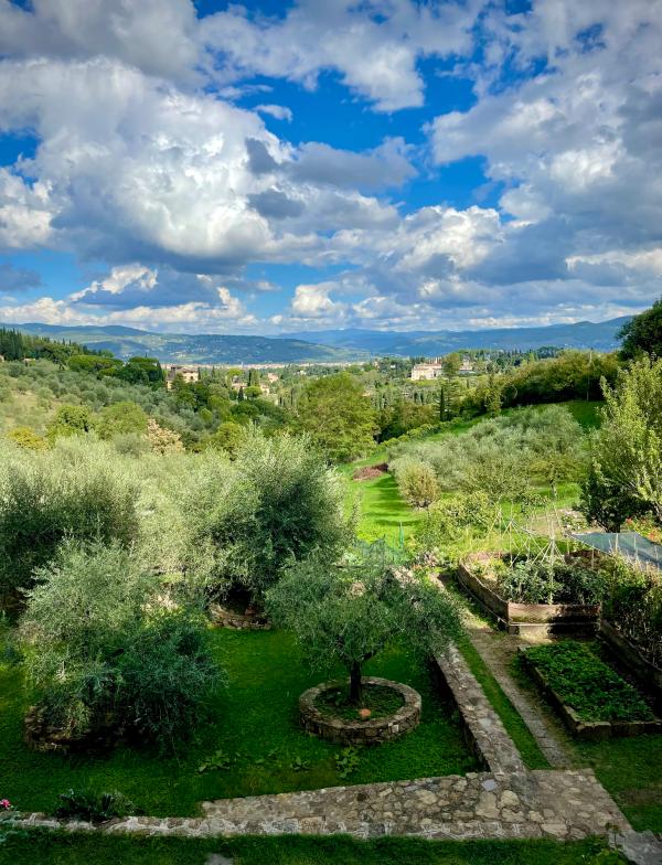 A lush garden sits off the Tuscan coast on a sunny day.