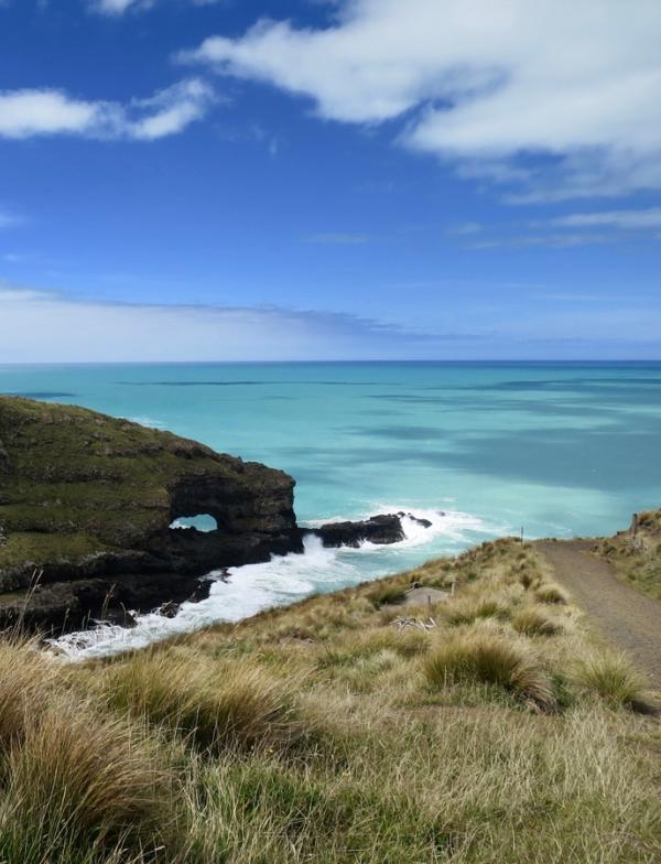 a stream running into the ocean between two hills in Akaroa, Aotearoa New Zealand