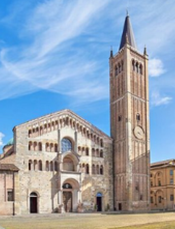 View from outside the Parma Cathedral in Italy.
