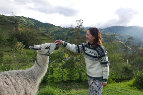 a llama sniffing the outstretched hand of a student standing in grass wearing a patterned sweater