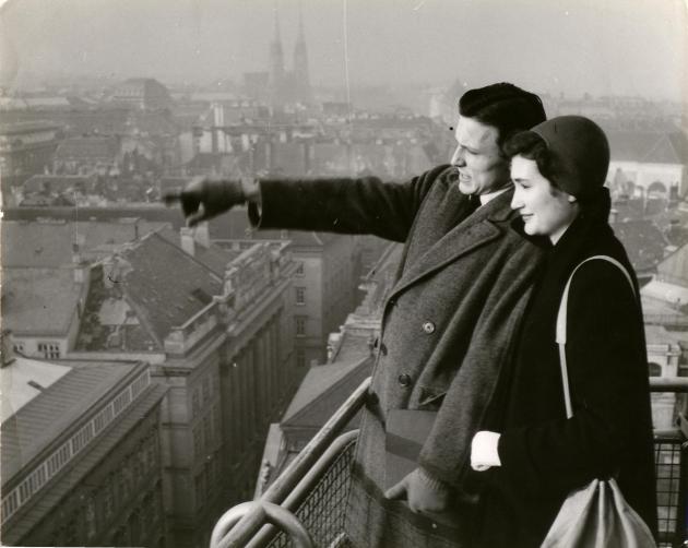 black and white film photo of Clarence and Alberta Giese on a tower in vienna