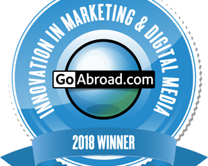 An image saying "Innovation in Marketing and Digital Media GoAbroad.com 2018 Winner""