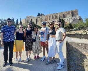 Student group in front of ruins in Athens, Greece