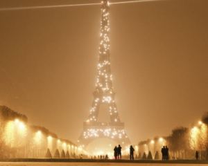 Eiffel Tower lit up at night