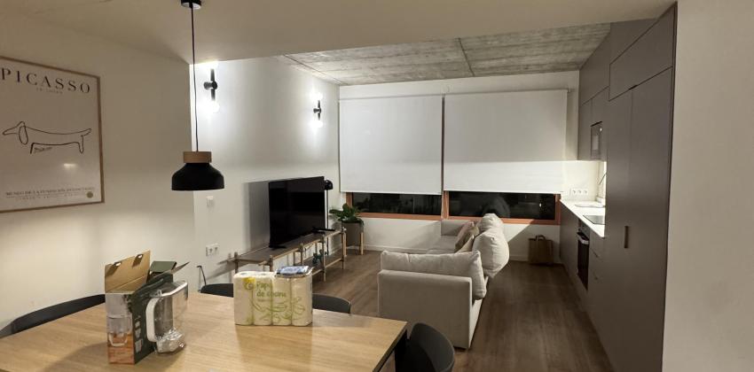 A dining table that can fit six people is located next to the common room containing a long gray couch, TV on stand, and full kitchen with stove, fridge, and sink.