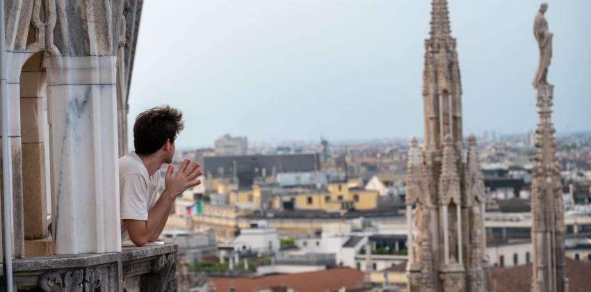 Student looking out of Duomo, Milan
