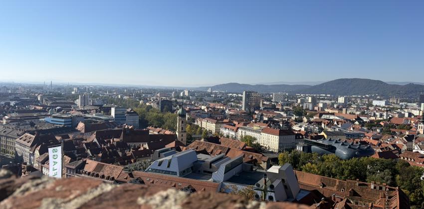 A view of Graz from high up, showing many old buildings, a clear blue sky, and part of a brick wall.