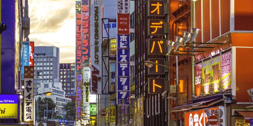 the neon lights and crowd-filled street in Akihabara, Tokyo